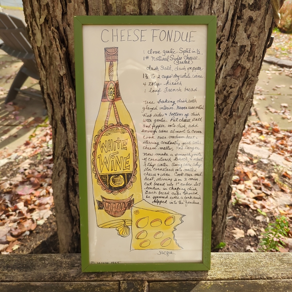 Rare! Vintage 1965 Jacque Hand Lettered Cheese Fondue Recipe Framed Print - Picture 2 of 3